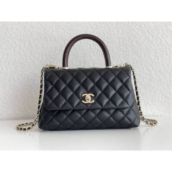 Chanel Classic Coco Handle, small size 24cm flap bag, red lizard skin handle, black caviar leather, champagne gold hardware, without stitched edges, Hass Factory leather, 24x14x10cm