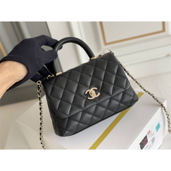 Chanel Classic Coco Handle Mini, 19cm flap bag, black lizard skin handle, black caviar leather, champagne gold hardware, without stitched edges, Hass Factory leather, 13x19x9cm