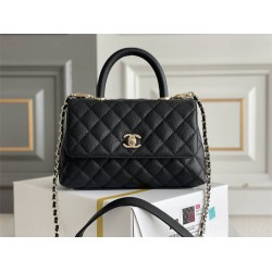 Chanel Classic Coco Handle Small 24cm with Black Lizard Skin Handle Flap Bag in Black, Champagne Gold Hardware, Seamless Stitching, Caviar Leather, Hass Factory Leather, Dimensions: 24x14x10cm.