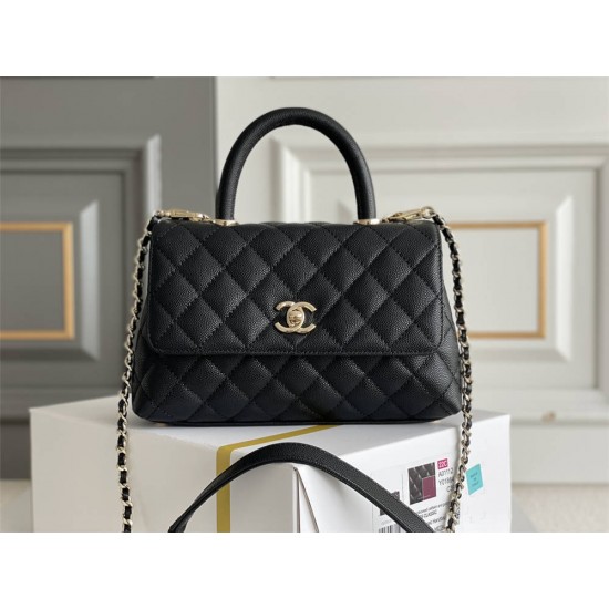 Chanel Classic Coco Handle Small 24cm with Black Lizard Skin Handle Flap Bag in Black, Champagne Gold Hardware, Seamless Stitching, Caviar Leather, Hass Factory Leather, Dimensions: 24x14x10cm.