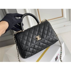 Chanel Classic Coco Handle Small 24cm with Black Lizard Skin Handle Flap Bag in Black, Champagne Gold Hardware, Seamless Stitching, Caviar Leather, Hass Factory Leather, Dimensions: 24x14x10cm.