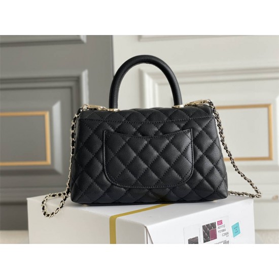 Chanel Classic Coco Handle Small 24cm with Black Lizard Skin Handle Flap Bag in Black, Champagne Gold Hardware, Seamless Stitching, Caviar Leather, Hass Factory Leather, Dimensions: 24x14x10cm.