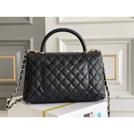 Chanel Classic Coco Handle Medium 29cm with Black Lizard Skin Handle Flap Bag in Black, Champagne Gold Hardware, Seamless Stitching, Caviar Leather, Hass Factory Leather, Dimensions: 29x18x12cm.