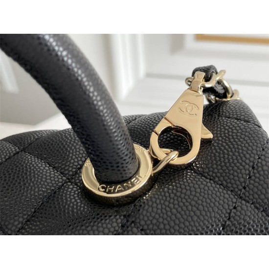 Chanel Classic Coco Handle Medium 29cm with Black Lizard Skin Handle Flap Bag in Black, Champagne Gold Hardware, Seamless Stitching, Caviar Leather, Hass Factory Leather, Dimensions: 29x18x12cm.