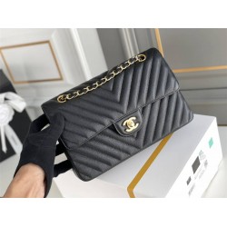 Chanel Classic Flap Bag in V-Pattern Black, Gold Hardware, Medium 25, Caviar Leather, Hass Factory Leather, Dimensions: 16x25x7cm.