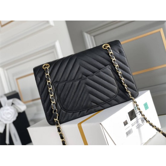 Chanel Classic Flap Bag in V-Pattern Black, Gold Hardware, Medium 25, Caviar Leather, Hass Factory Leather, Dimensions: 16x25x7cm.