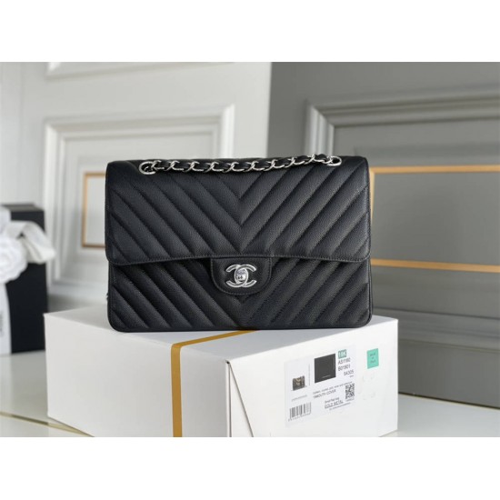 Chanel Classic Flap Bag in V-Pattern Black, Silver Hardware, Medium 25, Caviar Leather, Hass Factory Leather, Dimensions: 16x25x7cm.