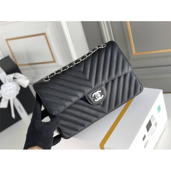 Chanel Classic Flap Bag in V-Pattern Black, Silver Hardware, Medium 25, Caviar Leather, Hass Factory Leather, Dimensions: 16x25x7cm.