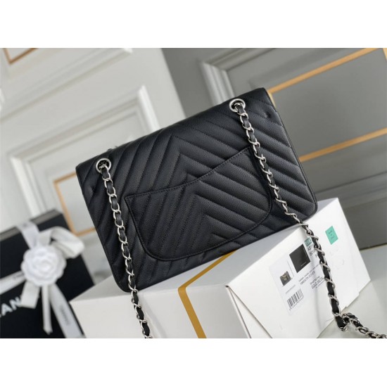 Chanel Classic Flap Bag in V-Pattern Black, Silver Hardware, Medium 25, Caviar Leather, Hass Factory Leather, Dimensions: 16x25x7cm.