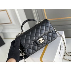 Chanel 21P Classic Flap Bag Mini 20 with Top Handle, Lambskin Leather in Black, Champagne Gold Hardware, Hass Factory Leather, Dimensions: 20x13x9cm.