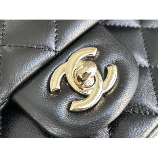 Chanel 21P Classic Flap Bag Mini 20 with Top Handle, Lambskin Leather in Black, Champagne Gold Hardware, Hass Factory Leather, Dimensions: 20x13x9cm.