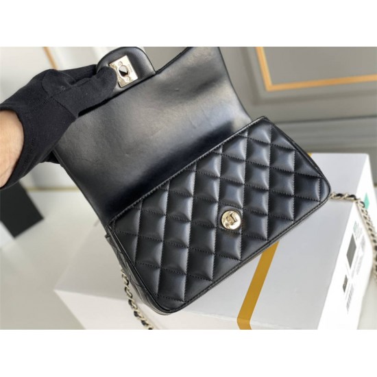 Chanel 21P Classic Flap Bag Mini 20 with Top Handle, Lambskin Leather in Black, Champagne Gold Hardware, Hass Factory Leather, Dimensions: 20x13x9cm.