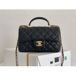 Chanel 21P Classic Flap Bag Mini 20 with Top Handle, Incas Calfskin with Sesame Pattern in Black, Gold Hardware, Hass Factory Leather, Dimensions: 20x13x9cm.