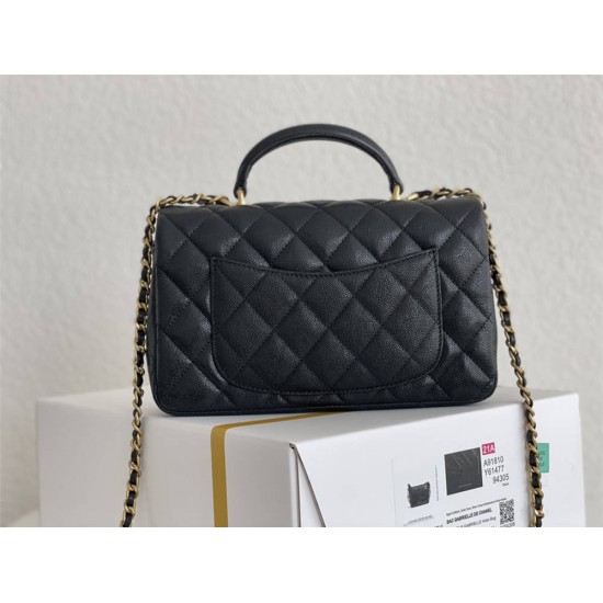 Chanel 21P Classic Flap Bag Mini 20 with Top Handle, Incas Calfskin with Sesame Pattern in Black, Gold Hardware, Hass Factory Leather, Dimensions: 20x13x9cm.