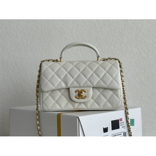 Chanel 21P Classic Flap Bag Mini 20 with Top Handle, Incas Calfskin with Sesame Pattern in White, Gold Hardware, Hass Factory Leather, Dimensions: 20x13x9cm.