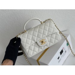 Chanel 21P Classic Flap Bag Mini 20 with Top Handle, Incas Calfskin with Sesame Pattern in White, Gold Hardware, Hass Factory Leather, Dimensions: 20x13x9cm.