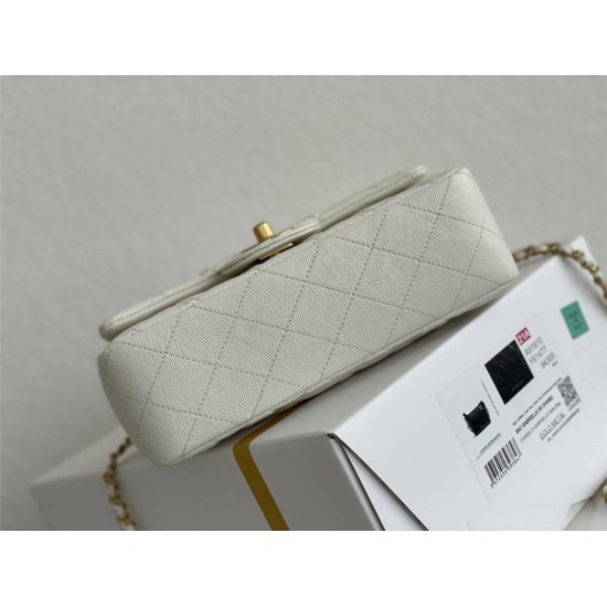 Chanel 21P Classic Flap Bag Mini 20 with Top Handle, Incas Calfskin with Sesame Pattern in White, Gold Hardware, Hass Factory Leather, Dimensions: 20x13x9cm.