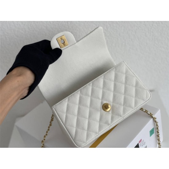 Chanel 21P Classic Flap Bag Mini 20 with Top Handle, Incas Calfskin with Sesame Pattern in White, Gold Hardware, Hass Factory Leather, Dimensions: 20x13x9cm.