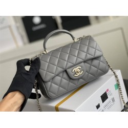 Chanel 22A Classic Flap Bag Mini 20 with Top Handle, Lambskin Leather in Gray, Champagne Gold Hardware, Hass Factory Leather, Dimensions: 20x12x9cm.