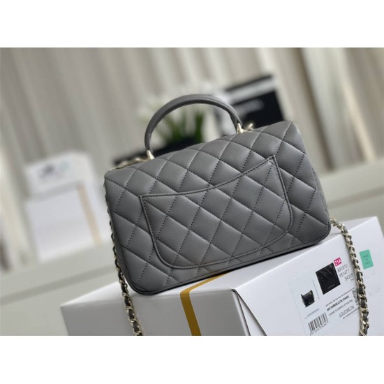 Chanel 22A Classic Flap Bag Mini 20 with Top Handle, Lambskin Leather in Gray, Champagne Gold Hardware, Hass Factory Leather, Dimensions: 20x12x9cm.