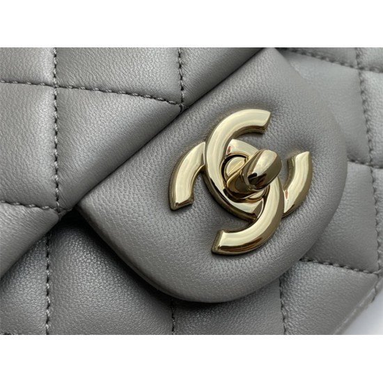 Chanel 22A Classic Flap Bag Mini 20 with Top Handle, Lambskin Leather in Gray, Champagne Gold Hardware, Hass Factory Leather, Dimensions: 20x12x9cm.