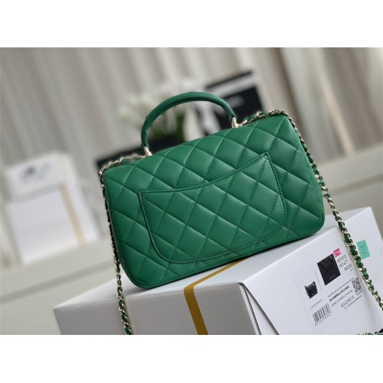 Chanel 22A Classic Flap Bag Mini 20 with Top Handle, Lambskin Leather in Green, Champagne Gold Hardware, Hass Factory Leather, Dimensions: 20x12x9cm.