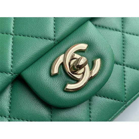 Chanel 22A Classic Flap Bag Mini 20 with Top Handle, Lambskin Leather in Green, Champagne Gold Hardware, Hass Factory Leather, Dimensions: 20x12x9cm.