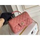 Chanel 22A Classic Flap Bag Mini 20 with Top Handle, Lambskin Leather in Pink, Champagne Gold Hardware, Hass Factory Leather, Dimensions: 20x12x9cm.