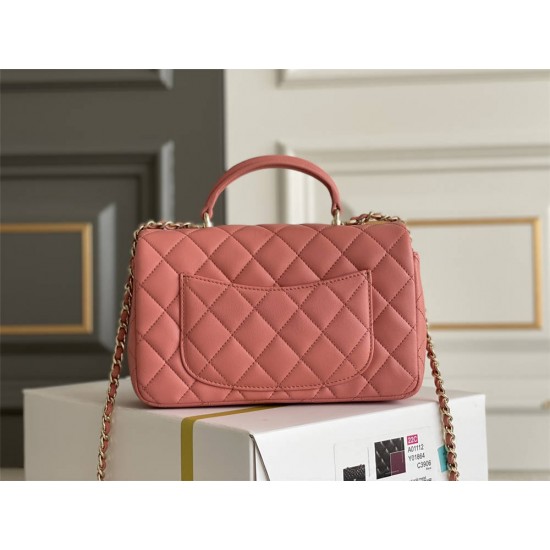 Chanel 22A Classic Flap Bag Mini 20 with Top Handle, Lambskin Leather in Pink, Champagne Gold Hardware, Hass Factory Leather, Dimensions: 20x12x9cm.