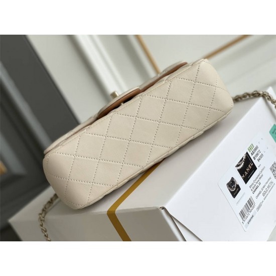 Chanel 23P Classic Flap Bag Mini 20 with Top Handle, Lambskin Leather in Light Apricot, Champagne Gold Hardware, Hass Factory Leather, Dimensions: 20x12x9cm.