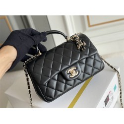 Chanel 22P Classic Flap Bag Mini 20 with Top Handle, Lambskin Leather in Black, Champagne Gold Hardware, Hass Factory Leather, Dimensions: 20x12x9cm.