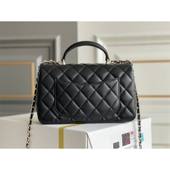 Chanel 22P Classic Flap Bag Mini 20 with Top Handle, Lambskin Leather in Black, Champagne Gold Hardware, Hass Factory Leather, Dimensions: 20x12x9cm.