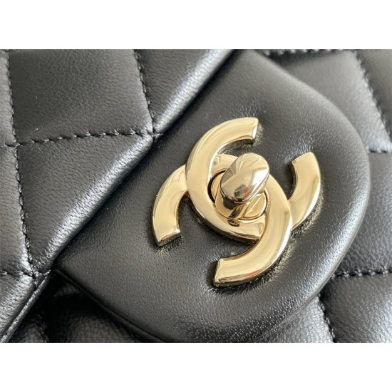 Chanel 22P Classic Flap Bag Mini 20 with Top Handle, Lambskin Leather in Black, Champagne Gold Hardware, Hass Factory Leather, Dimensions: 20x12x9cm.