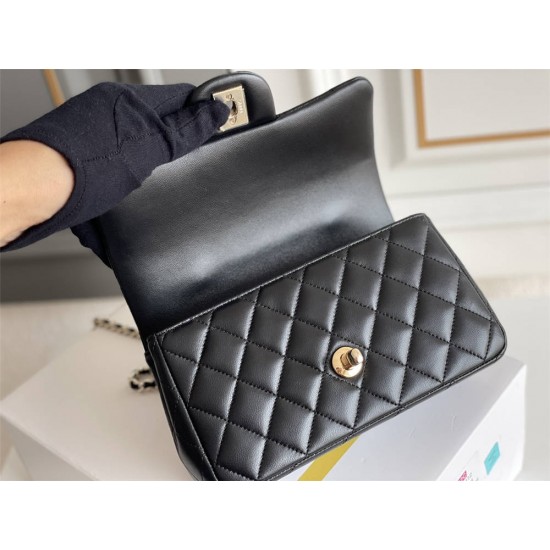 Chanel 22P Classic Flap Bag Mini 20 with Top Handle, Lambskin Leather in Black, Champagne Gold Hardware, Hass Factory Leather, Dimensions: 20x12x9cm.