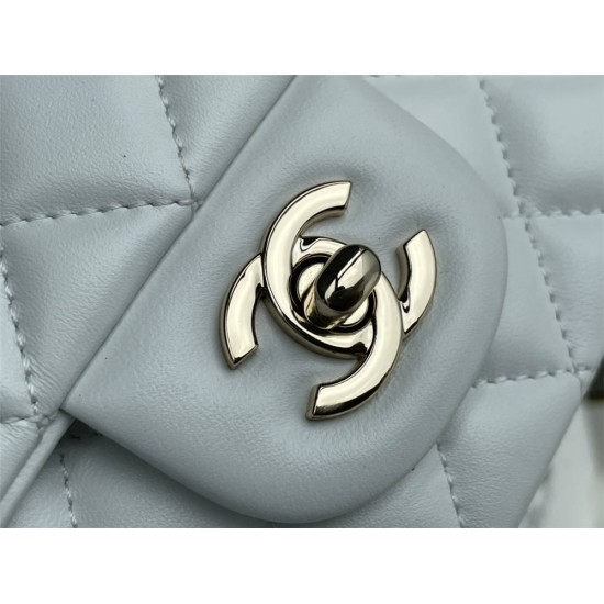 Chanel 22P Classic Flap Bag Mini 20 with Top Handle, Lambskin Leather in White, Champagne Gold Hardware, Hass Factory Leather, Dimensions: 20x12x9cm.