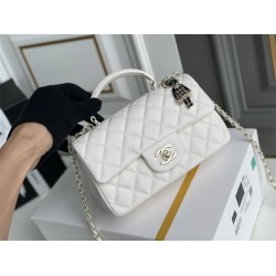 Chanel 22P Classic Flap Bag Mini 20 with Top Handle, Calfskin Leather in White, Champagne Gold Hardware, Hass Factory Leather, Dimensions: 20x12x9cm.