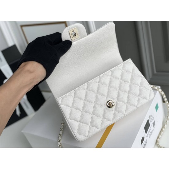 Chanel 22P Classic Flap Bag Mini 20 with Top Handle, Calfskin Leather in White, Champagne Gold Hardware, Hass Factory Leather, Dimensions: 20x12x9cm.