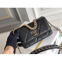 Chanel 19 WOC (Wallet on Chain) in Lambskin Leather, Black, Gold Hardware, Hass Factory Leather, Dimensions: 20x18x9cm.