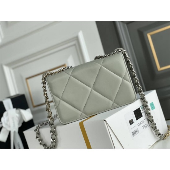 Chanel 19 WOC (Wallet on Chain) in Lambskin Leather, Gray, Silver Hardware, Hass Factory Leather, Dimensions: 20x18x9cm.