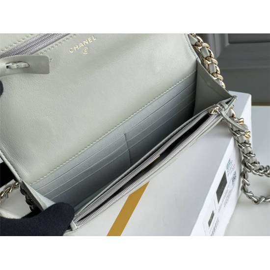 Chanel 19 WOC (Wallet on Chain) in Lambskin Leather, Gray, Silver Hardware, Hass Factory Leather, Dimensions: 20x18x9cm.