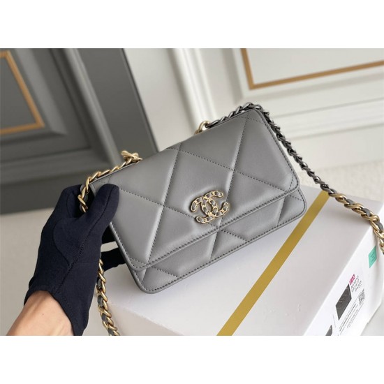 Chanel 19 WOC (Wallet on Chain) in Lambskin Leather, Dark Gray, Gold Hardware, Hass Factory Leather, Dimensions: 20x18x9cm.