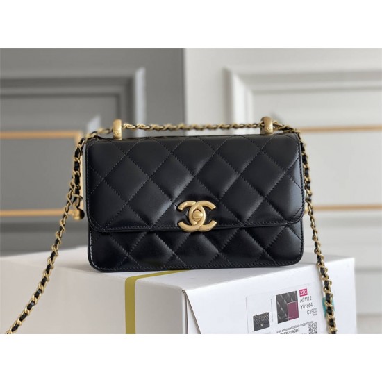 Chanel Classic Flap Bag with Double Gold Ball, Mini 19cm, Black, Gold Hardware, Lambskin Leather, Hass Factory Leather, Dimensions: 12x19x8cm.