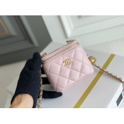 Chanel Vanity Case with Lipstick Holder, Gold Hardware, Gold Ball, Pink with Gold Hardware, Mini 11, Lambskin Leather, Hass Factory Leather, Dimensions: 9x11x7cm.