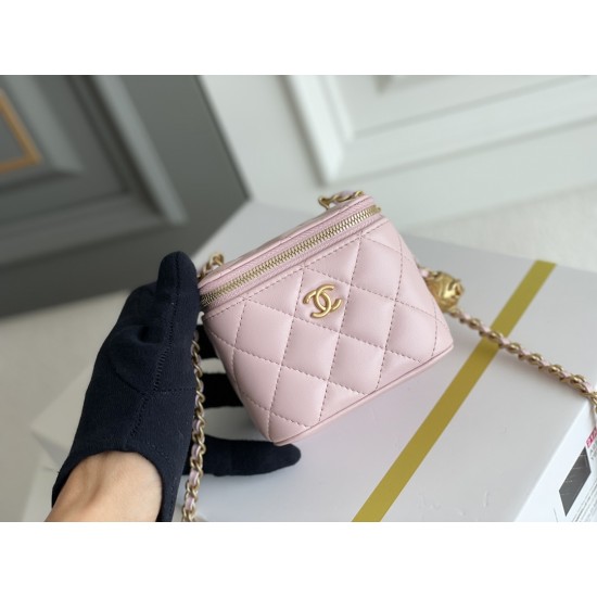 Chanel Vanity Case with Lipstick Holder, Gold Hardware, Gold Ball, Pink with Gold Hardware, Mini 11, Lambskin Leather, Hass Factory Leather, Dimensions: 9x11x7cm.