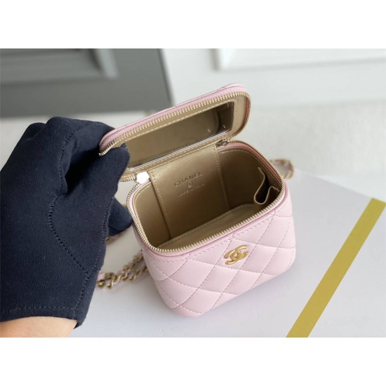 Chanel Vanity Case with Lipstick Holder, Gold Hardware, Gold Ball, Pink with Gold Hardware, Mini 11, Lambskin Leather, Hass Factory Leather, Dimensions: 9x11x7cm.