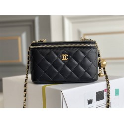 Chanel Vanity Case with Lipstick Holder, Gold Hardware, Gold Ball, Black with Gold Hardware, Mini 11, Long Box, Lambskin Leather, Hass Factory Leather, Dimensions: 9.5x17x8cm.