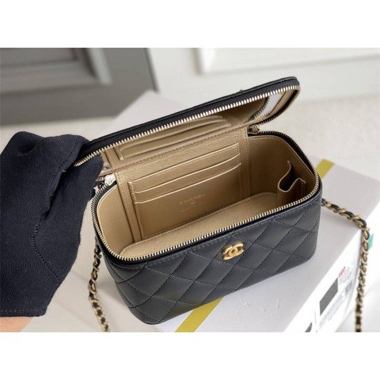 Chanel Vanity Case with Lipstick Holder, Gold Hardware, Gold Ball, Black with Gold Hardware, Mini 11, Long Box, Lambskin Leather, Hass Factory Leather, Dimensions: 9.5x17x8cm.