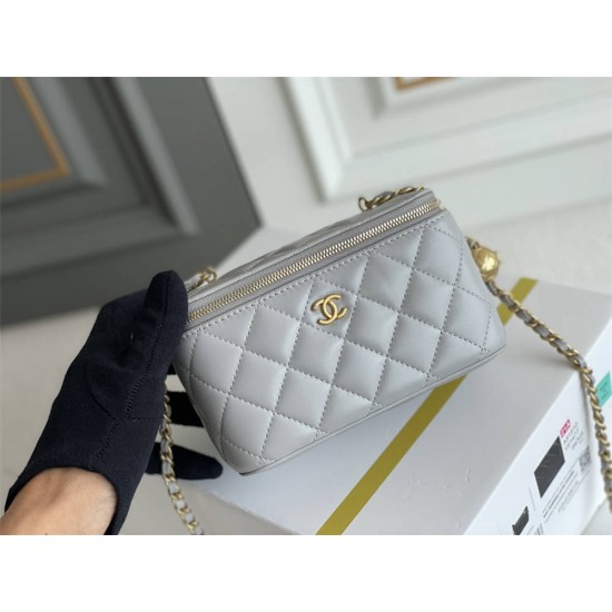 Chanel Vanity Case with Lipstick Holder, Gold Hardware, Gold Ball, Gray with Gold Hardware, Mini 11, Long Box, Lambskin Leather, Hass Factory Leather, Dimensions: 9.5x17x8cm.