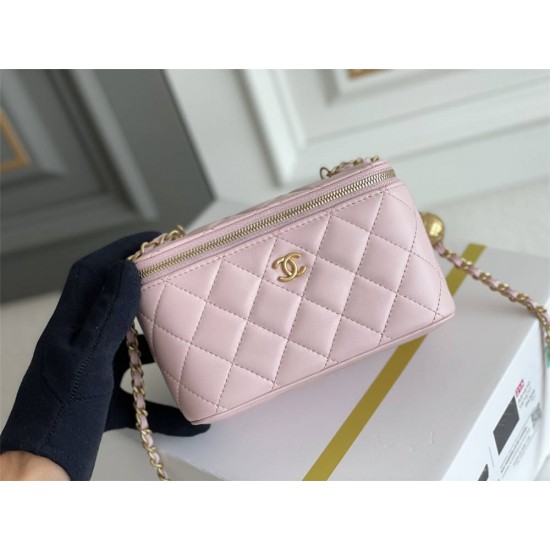 Chanel Vanity Case with Lipstick Holder, Gold Hardware, Gold Ball, Pink with Gold Hardware, Mini 11, Long Box, Lambskin Leather, Hass Factory Leather, Dimensions: 9.5x17x8cm.