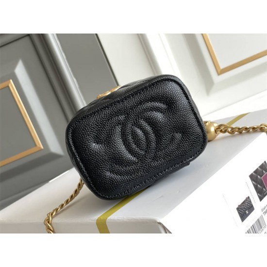 Chanel Vanity Case with Lipstick Holder, Gold Hardware, Heart-Shaped, Gold Ball, Black with Gold Hardware, Mini 11, Lambskin Leather, Hass Factory Leather, Dimensions: 9x11x7cm.